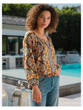 Liverpool Womens Size 1X Ocean Jasper Multi-Color Boho Floral Long Sleeve Blouse
